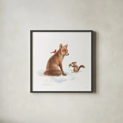 Woodland Celebration V on White by Danhui Nai. Shown in a sleek black glass frame for a contemporary gallery look. Available as an archival giclee rolled canvas, fine art paper, or poster print. SKU 54913a.