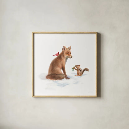 Woodland Celebration V on White by Danhui Nai. Shown in a natural wood glass frame for a timeless modern aesthetic. Available as an archival giclee rolled canvas, fine art paper, or poster print. SKU 54913a.