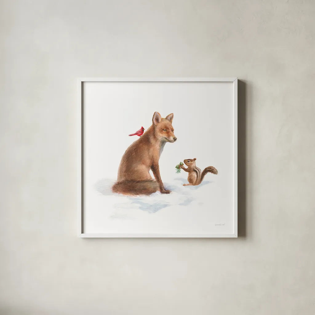 Woodland Celebration V on White by Danhui Nai. Shown in a crisp white glass frame for a clean and minimalist style. Available as an archival giclee rolled canvas, fine art paper, or poster print. SKU 54913a.