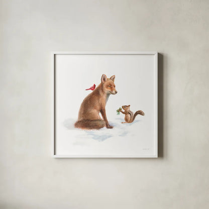 Woodland Celebration V on White by Danhui Nai. Shown in a crisp white glass frame for a clean and minimalist style. Available as an archival giclee rolled canvas, fine art paper, or poster print. SKU 54913a.
