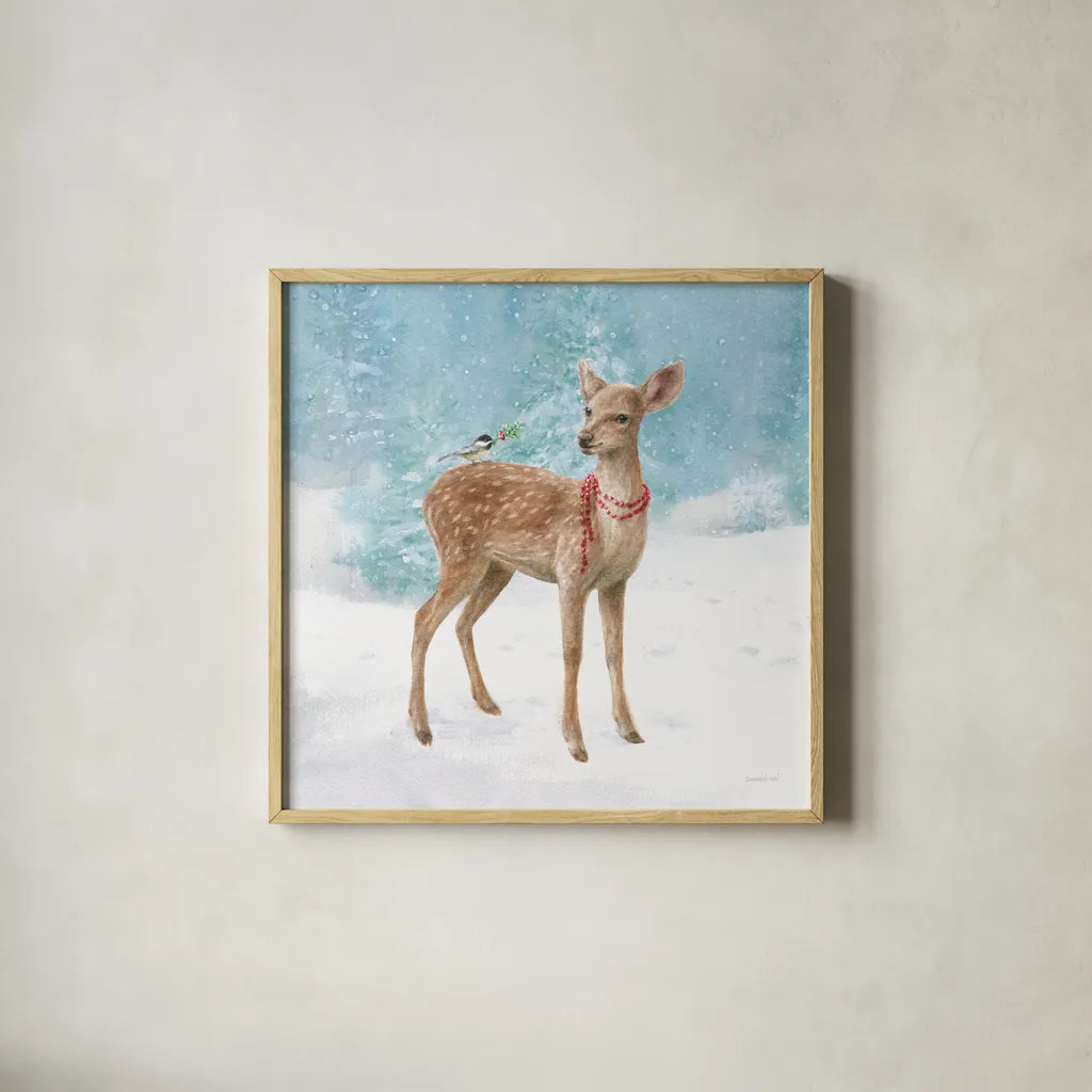 Woodland Celebration VI by Danhui Nai. Shown in a natural wood glass frame for a timeless modern aesthetic. Available as an archival giclee rolled canvas, fine art paper, or poster print. SKU 54908a.