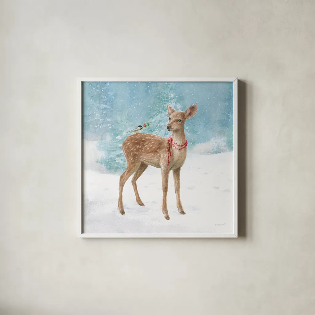 Woodland Celebration VI by Danhui Nai. Shown in a crisp white glass frame for a clean and minimalist style. Available as an archival giclee rolled canvas, fine art paper, or poster print. SKU 54908a.