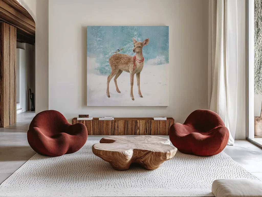 Woodland Celebration VI by Danhui Nai. Shown as extra-large giant wall art in a modern living room. Available as an archival giclee rolled canvas, fine art paper, or poster print. SKU 54908a.