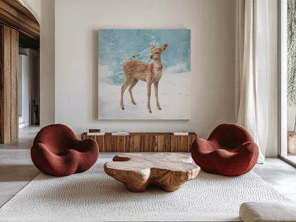 Woodland Celebration VI by Danhui Nai. Shown as extra-large giant wall art in a modern living room. Available as an archival giclee rolled canvas, fine art paper, or poster print. SKU 54908a.