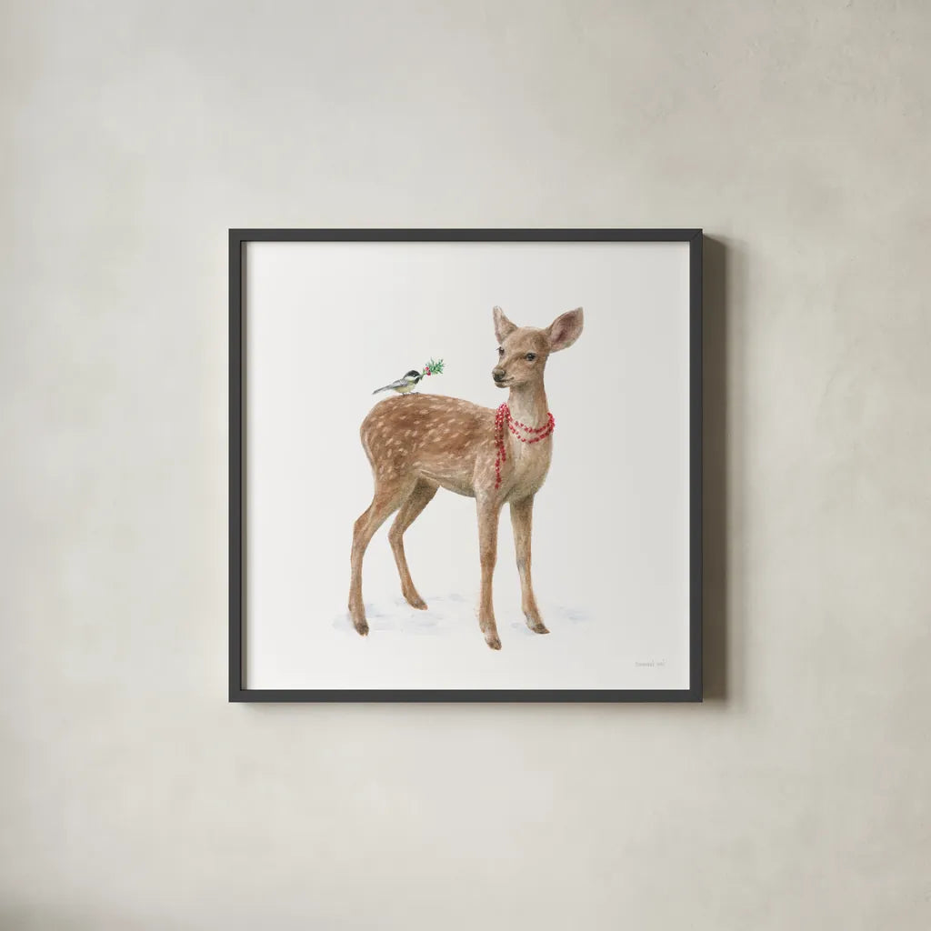 Woodland Celebration VI on White by Danhui Nai. Shown in a sleek black glass frame for a contemporary gallery look. Available as an archival giclee rolled canvas, fine art paper, or poster print. SKU 54914a.