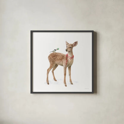 Woodland Celebration VI on White by Danhui Nai. Shown in a sleek black glass frame for a contemporary gallery look. Available as an archival giclee rolled canvas, fine art paper, or poster print. SKU 54914a.
