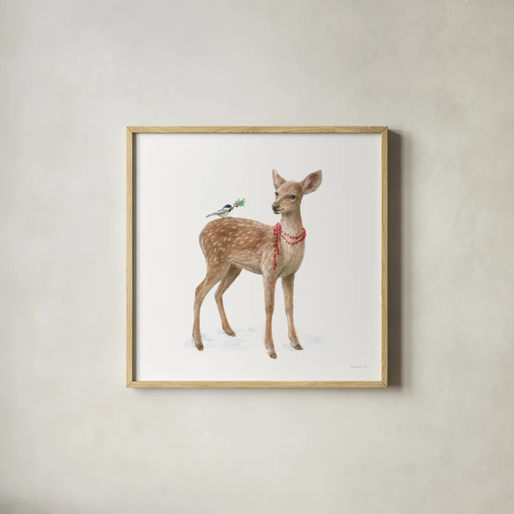 Woodland Celebration VI on White by Danhui Nai. Shown in a natural wood glass frame for a timeless modern aesthetic. Available as an archival giclee rolled canvas, fine art paper, or poster print. SKU 54914a.