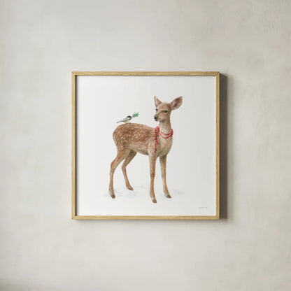Woodland Celebration VI on White by Danhui Nai. Shown in a natural wood glass frame for a timeless modern aesthetic. Available as an archival giclee rolled canvas, fine art paper, or poster print. SKU 54914a.