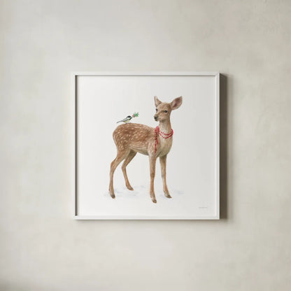 Woodland Celebration VI on White by Danhui Nai. Shown in a crisp white glass frame for a clean and minimalist style. Available as an archival giclee rolled canvas, fine art paper, or poster print. SKU 54914a.