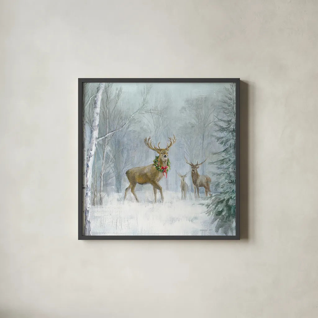 Woodland Holidays I by Danhui Nai. Shown in a sleek black glass frame for a contemporary gallery look. Available as an archival giclee rolled canvas, fine art paper, or poster print. SKU 38594a.