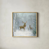 Woodland Holidays I by Danhui Nai. Shown in a natural wood glass frame for a timeless modern aesthetic. Available as an archival giclee rolled canvas, fine art paper, or poster print. SKU 38594a.