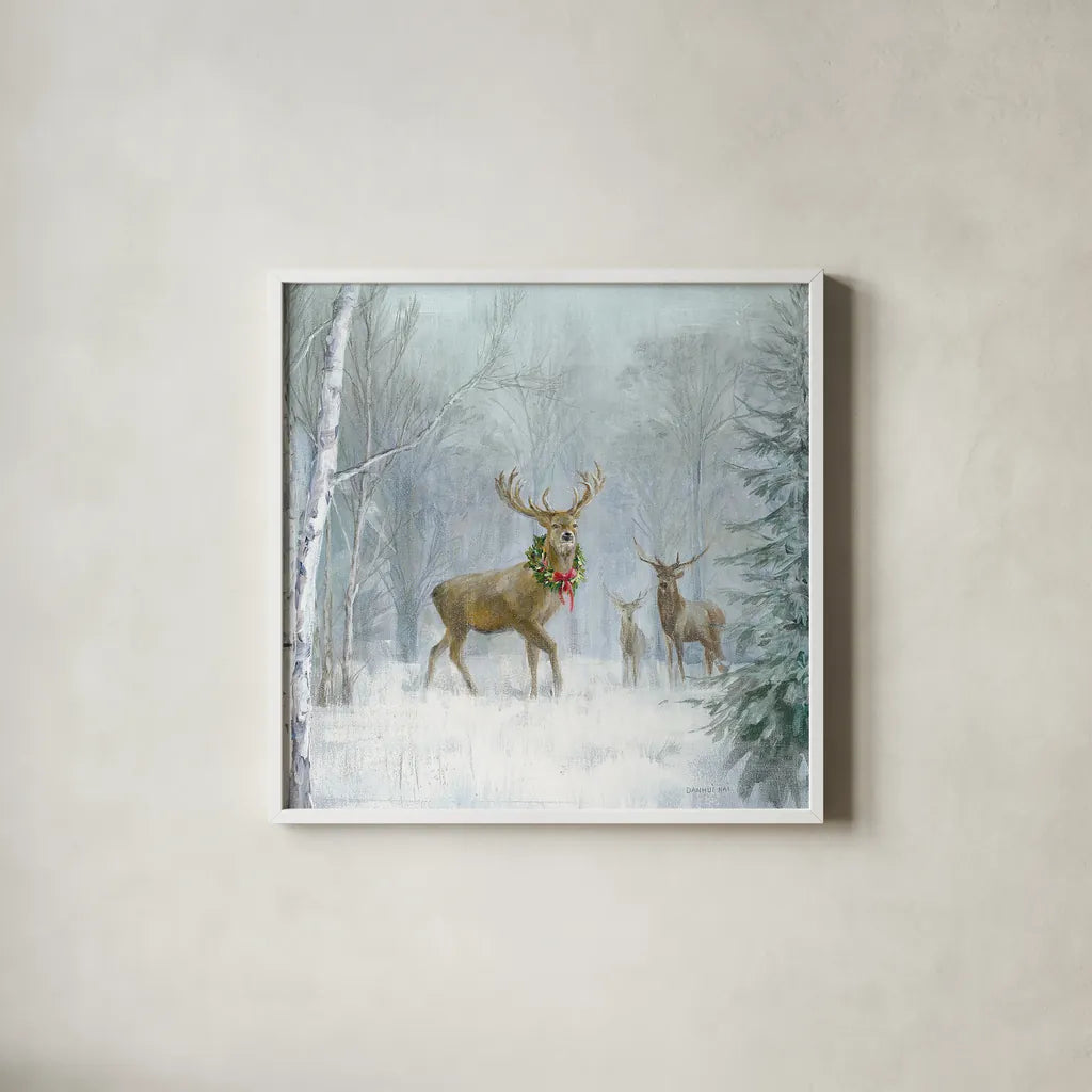 Woodland Holidays I by Danhui Nai. Shown in a crisp white glass frame for a clean and minimalist style. Available as an archival giclee rolled canvas, fine art paper, or poster print. SKU 38594a.