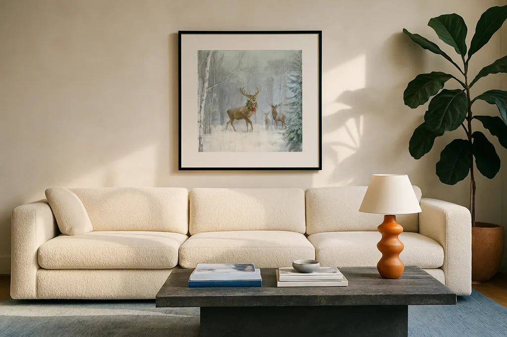 Woodland Holidays I by Danhui Nai. Displayed in a glass frame with matte in a clean modern living room. Available as an archival giclee rolled canvas, fine art paper, or poster print. SKU 38594a.