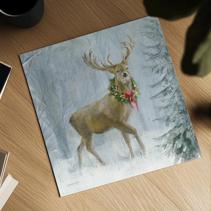Woodland Holidays I Deer by Danhui Nai. Shown as a detailed flat fine art print, highlighting archival giclee quality. Available as an archival giclee rolled canvas, fine art paper, or poster print. SKU 81962a.