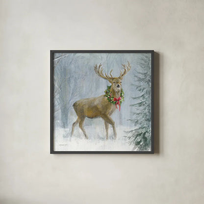 Woodland Holidays I Deer by Danhui Nai. Shown in a sleek black glass frame for a contemporary gallery look. Available as an archival giclee rolled canvas, fine art paper, or poster print. SKU 81962a.