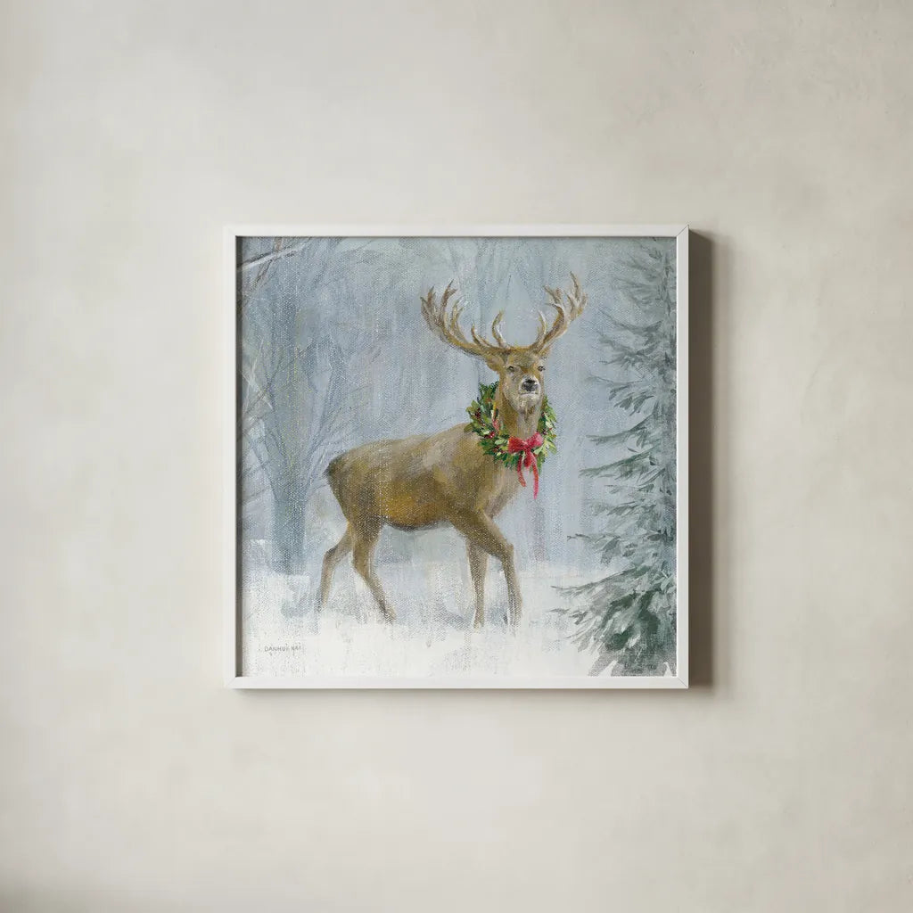 Woodland Holidays I Deer by Danhui Nai. Shown in a crisp white glass frame for a clean and minimalist style. Available as an archival giclee rolled canvas, fine art paper, or poster print. SKU 81962a.