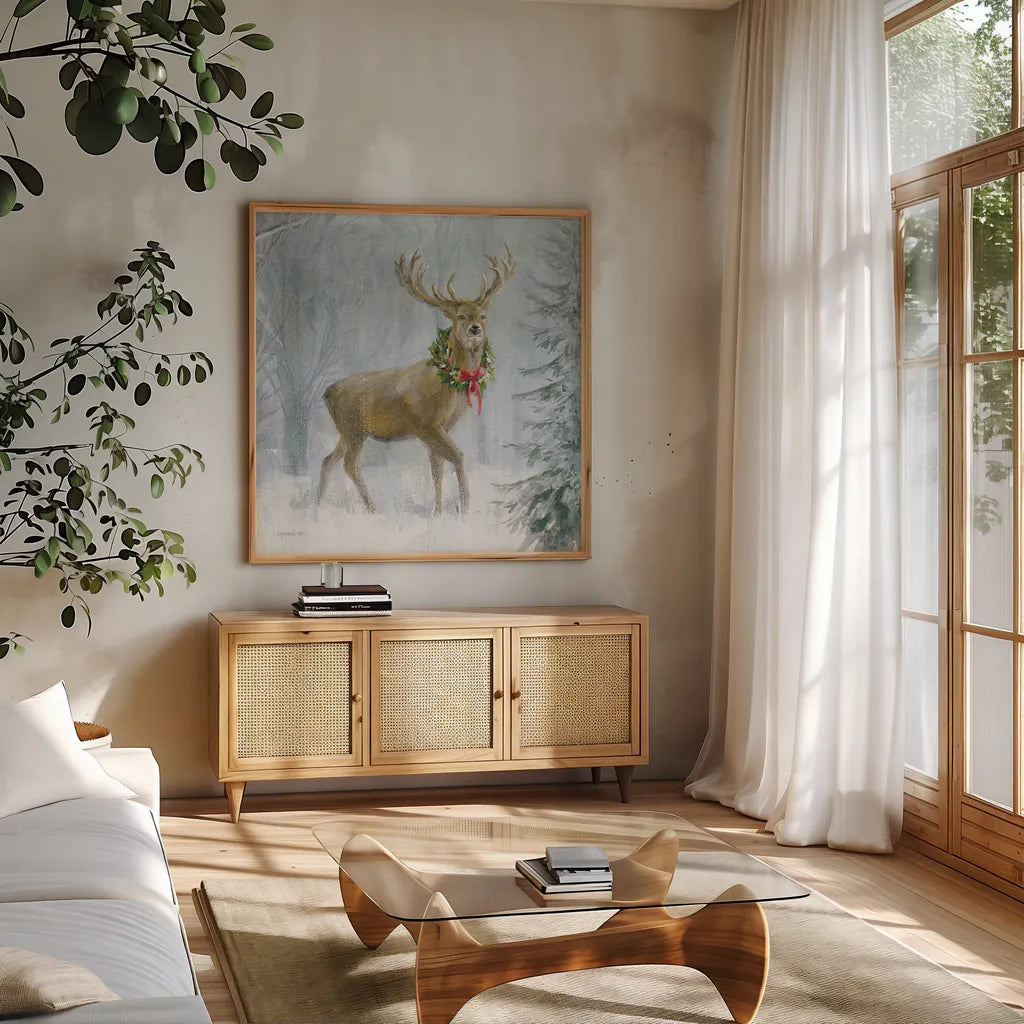 Woodland Holidays I Deer by Danhui Nai. Shown in a natural wood frame in a cozy modern living room. Available as an archival giclee rolled canvas, fine art paper, or poster print. SKU 81962a.