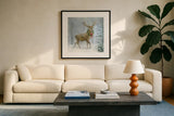 Woodland Holidays I Deer by Danhui Nai. Displayed in a glass frame with matte in a clean modern living room. Available as an archival giclee rolled canvas, fine art paper, or poster print. SKU 81962a.