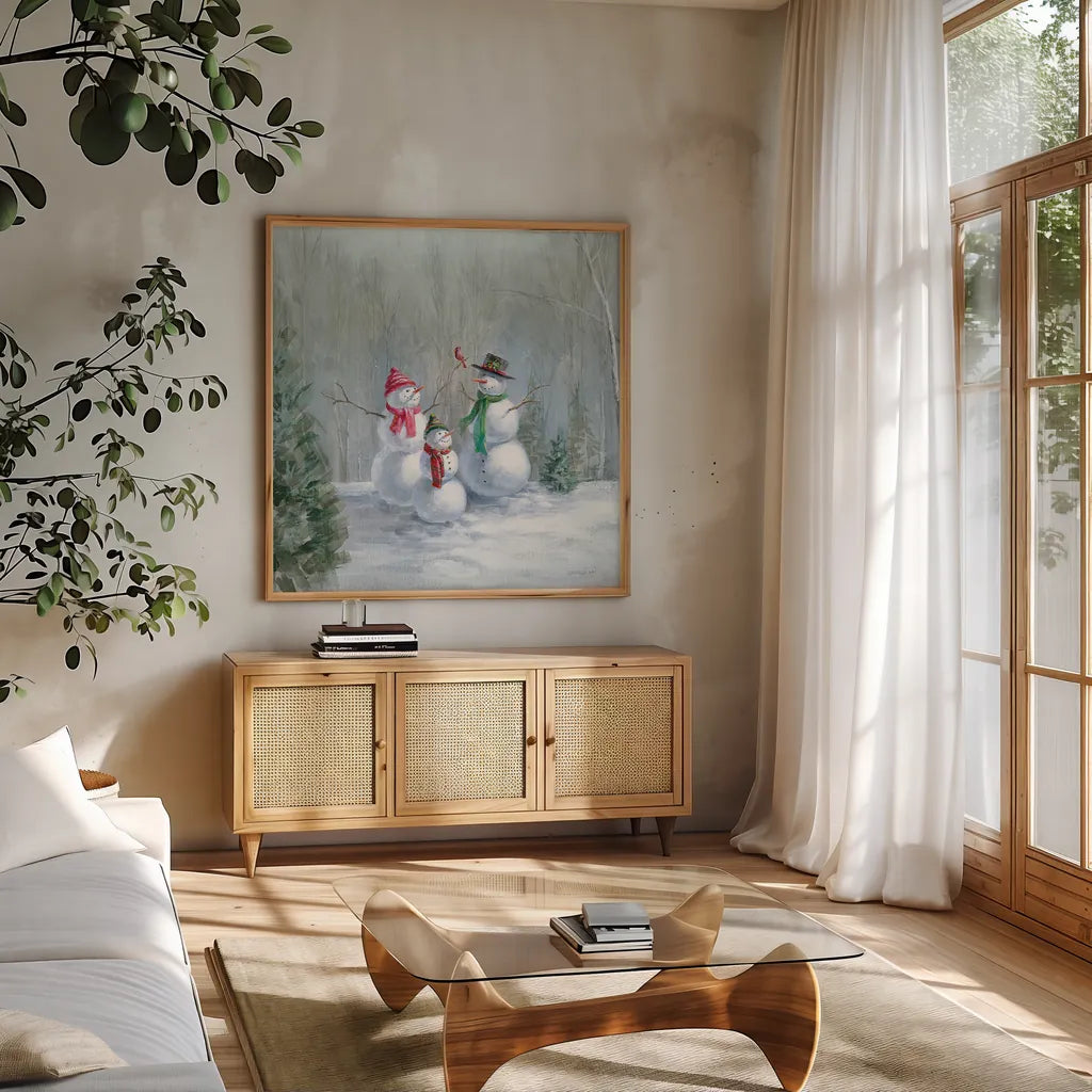 Woodland Holidays II by Danhui Nai. Shown in a natural wood frame in a cozy modern living room. Available as an archival giclee rolled canvas, fine art paper, or poster print. SKU 38595a.