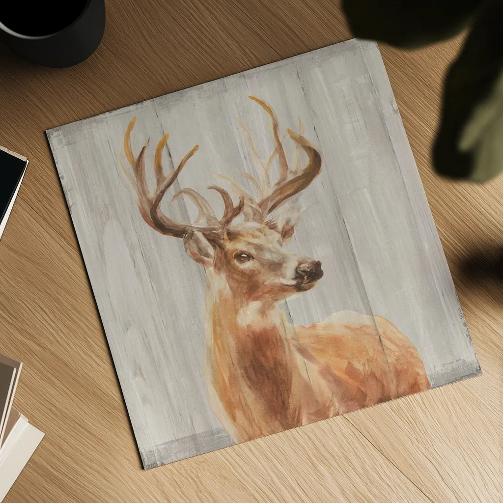 Woodland Holidays Stag by Danhui Nai. Shown as a detailed flat fine art print, highlighting archival giclee quality. Available as an archival giclee rolled canvas, fine art paper, or poster print. SKU 38763a.