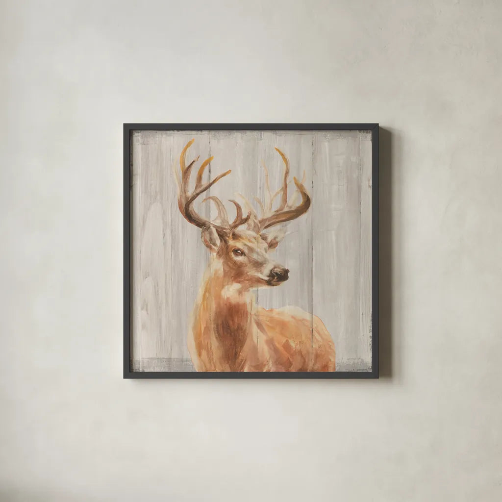 Woodland Holidays Stag by Danhui Nai. Shown in a sleek black glass frame for a contemporary gallery look. Available as an archival giclee rolled canvas, fine art paper, or poster print. SKU 38763a.