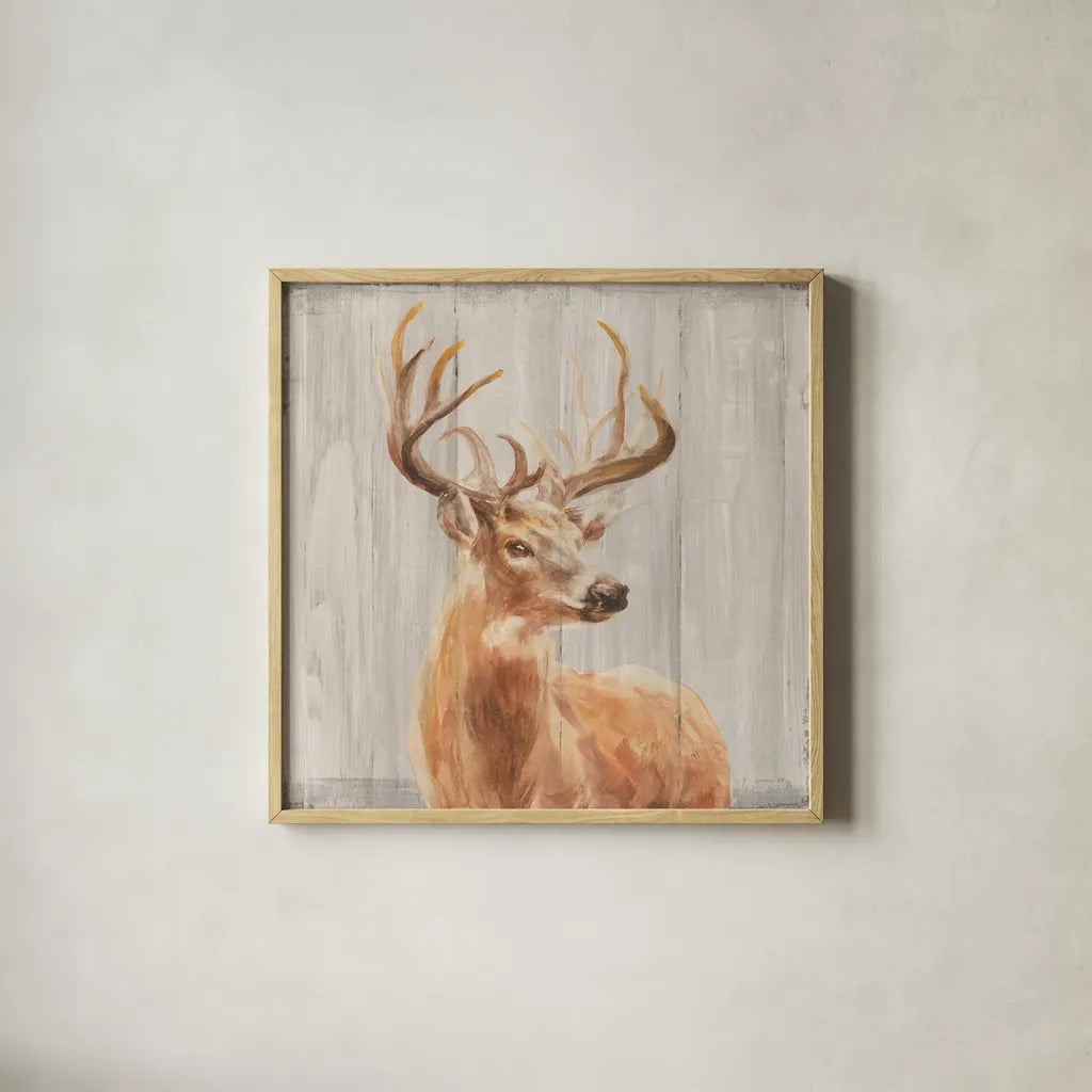 Woodland Holidays Stag by Danhui Nai. Shown in a natural wood glass frame for a timeless modern aesthetic. Available as an archival giclee rolled canvas, fine art paper, or poster print. SKU 38763a.