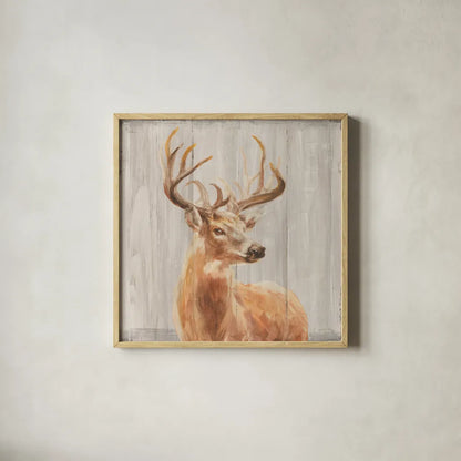 Woodland Holidays Stag by Danhui Nai. Shown in a natural wood glass frame for a timeless modern aesthetic. Available as an archival giclee rolled canvas, fine art paper, or poster print. SKU 38763a.