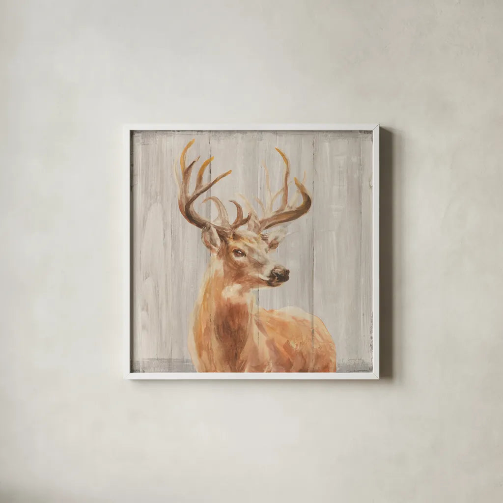 Woodland Holidays Stag by Danhui Nai. Shown in a crisp white glass frame for a clean and minimalist style. Available as an archival giclee rolled canvas, fine art paper, or poster print. SKU 38763a.