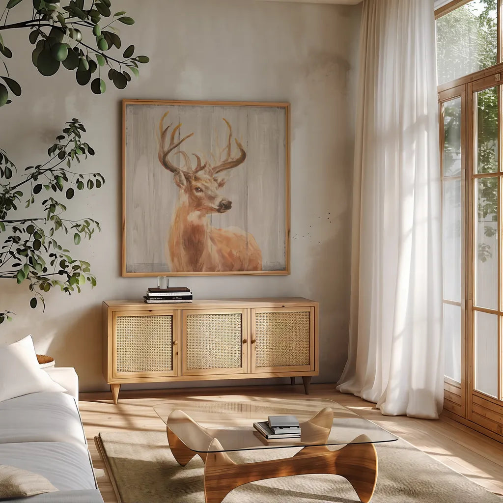 Woodland Holidays Stag by Danhui Nai. Shown in a natural wood frame in a cozy modern living room. Available as an archival giclee rolled canvas, fine art paper, or poster print. SKU 38763a.