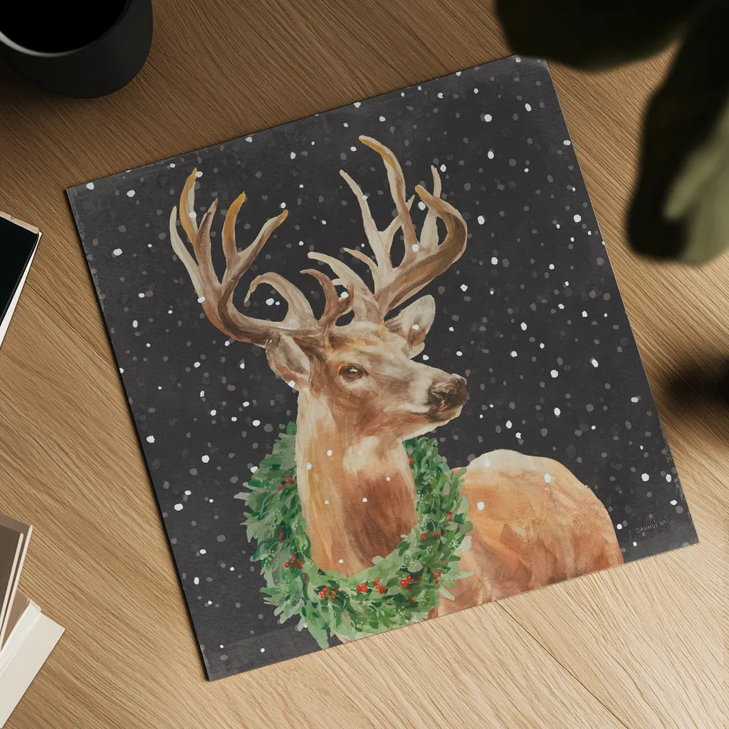 Woodland Holidays Stag Black by Danhui Nai. Shown as a detailed flat fine art print, highlighting archival giclee quality. Available as an archival giclee rolled canvas, fine art paper, or poster print. SKU 81959a.