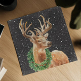 Woodland Holidays Stag Black by Danhui Nai. Shown as a detailed flat fine art print, highlighting archival giclee quality. Available as an archival giclee rolled canvas, fine art paper, or poster print. SKU 81959a.