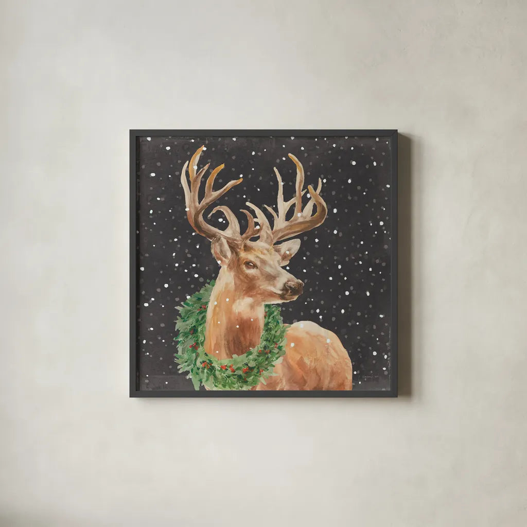 Woodland Holidays Stag Black by Danhui Nai. Shown in a sleek black glass frame for a contemporary gallery look. Available as an archival giclee rolled canvas, fine art paper, or poster print. SKU 81959a.