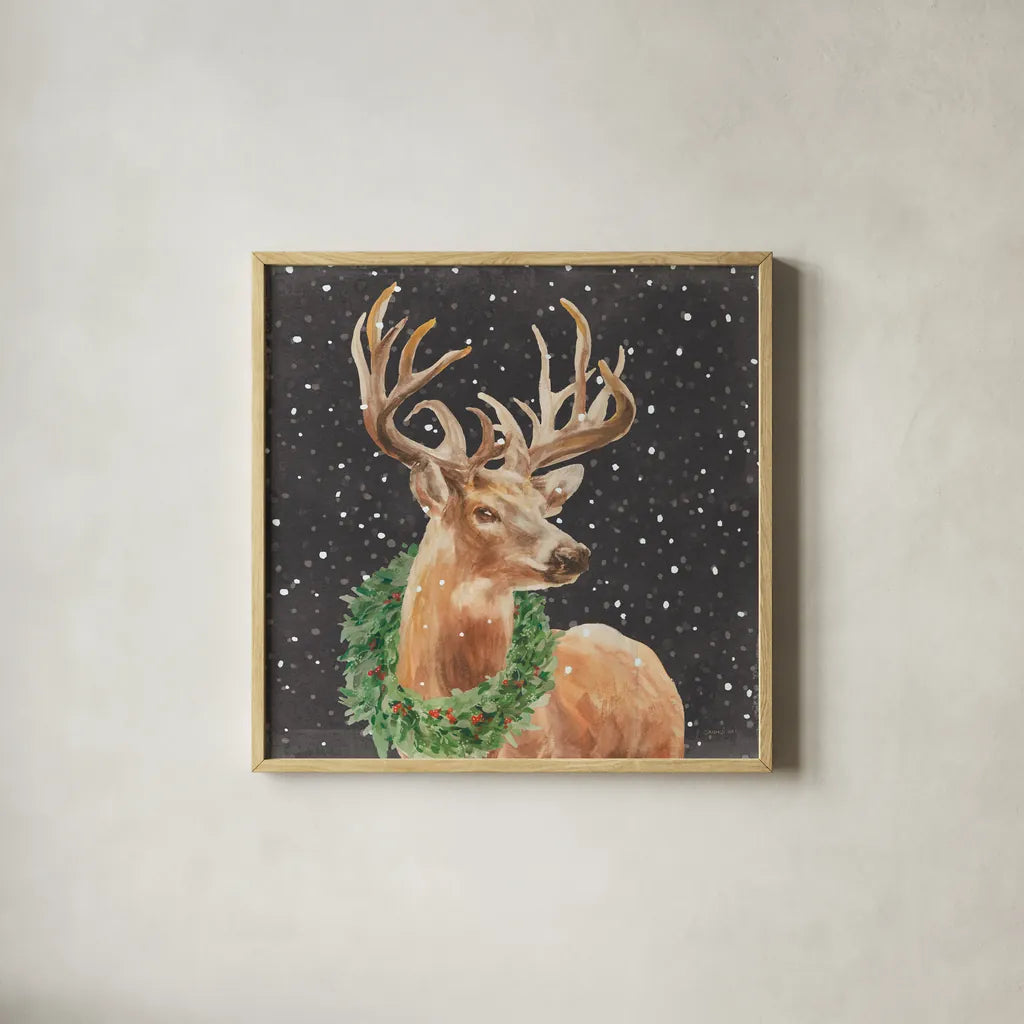 Woodland Holidays Stag Black by Danhui Nai. Shown in a natural wood glass frame for a timeless modern aesthetic. Available as an archival giclee rolled canvas, fine art paper, or poster print. SKU 81959a.