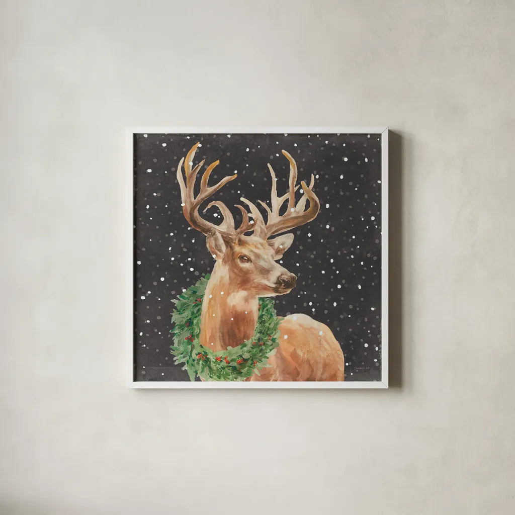 Woodland Holidays Stag Black by Danhui Nai. Shown in a crisp white glass frame for a clean and minimalist style. Available as an archival giclee rolled canvas, fine art paper, or poster print. SKU 81959a.