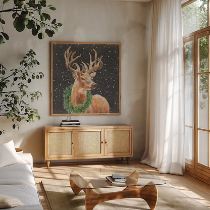 Woodland Holidays Stag Black by Danhui Nai. Shown in a natural wood frame in a cozy modern living room. Available as an archival giclee rolled canvas, fine art paper, or poster print. SKU 81959a.