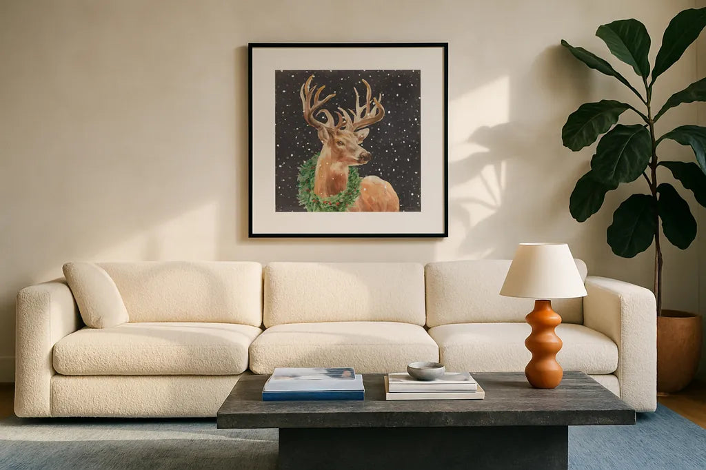 Woodland Holidays Stag Black by Danhui Nai. Displayed in a glass frame with matte in a clean modern living room. Available as an archival giclee rolled canvas, fine art paper, or poster print. SKU 81959a.