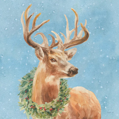 Woodland Holidays Stag Blue by Danhui Nai. SKU 58282a. Archival Giclee Fine art print for wall decor.