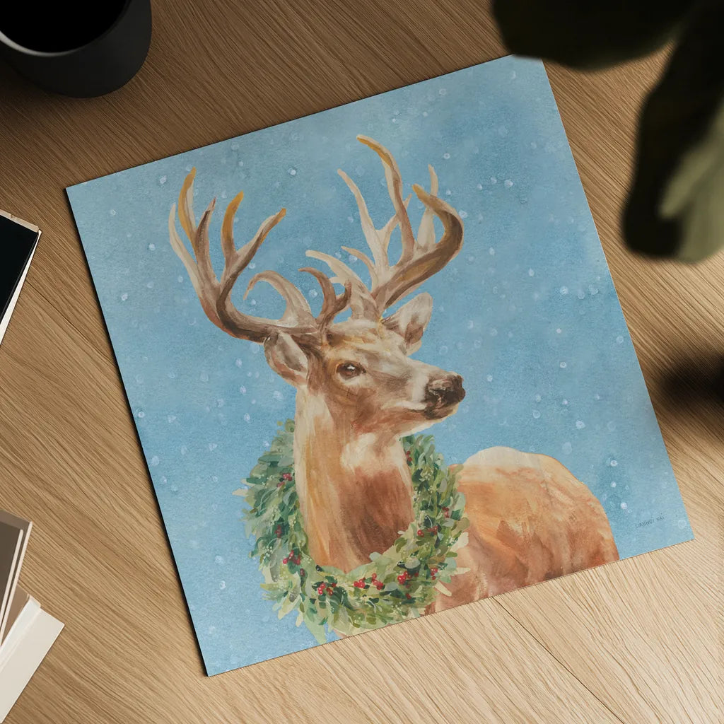 Woodland Holidays Stag Blue by Danhui Nai. Shown as a detailed flat fine art print, highlighting archival giclee quality. Available as an archival giclee rolled canvas, fine art paper, or poster print. SKU 58282a.
