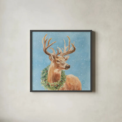 Woodland Holidays Stag Blue by Danhui Nai. Shown in a sleek black glass frame for a contemporary gallery look. Available as an archival giclee rolled canvas, fine art paper, or poster print. SKU 58282a.