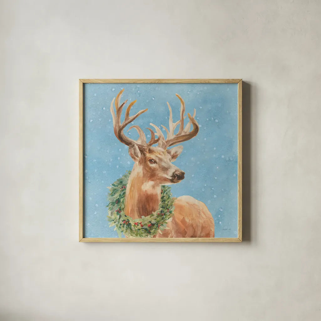 Woodland Holidays Stag Blue by Danhui Nai. Shown in a natural wood glass frame for a timeless modern aesthetic. Available as an archival giclee rolled canvas, fine art paper, or poster print. SKU 58282a.