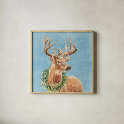 Woodland Holidays Stag Blue by Danhui Nai. Shown in a natural wood glass frame for a timeless modern aesthetic. Available as an archival giclee rolled canvas, fine art paper, or poster print. SKU 58282a.
