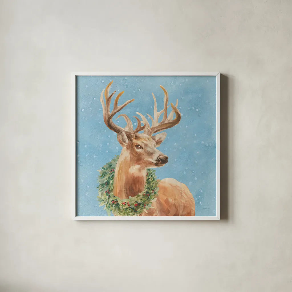 Woodland Holidays Stag Blue by Danhui Nai. Shown in a crisp white glass frame for a clean and minimalist style. Available as an archival giclee rolled canvas, fine art paper, or poster print. SKU 58282a.