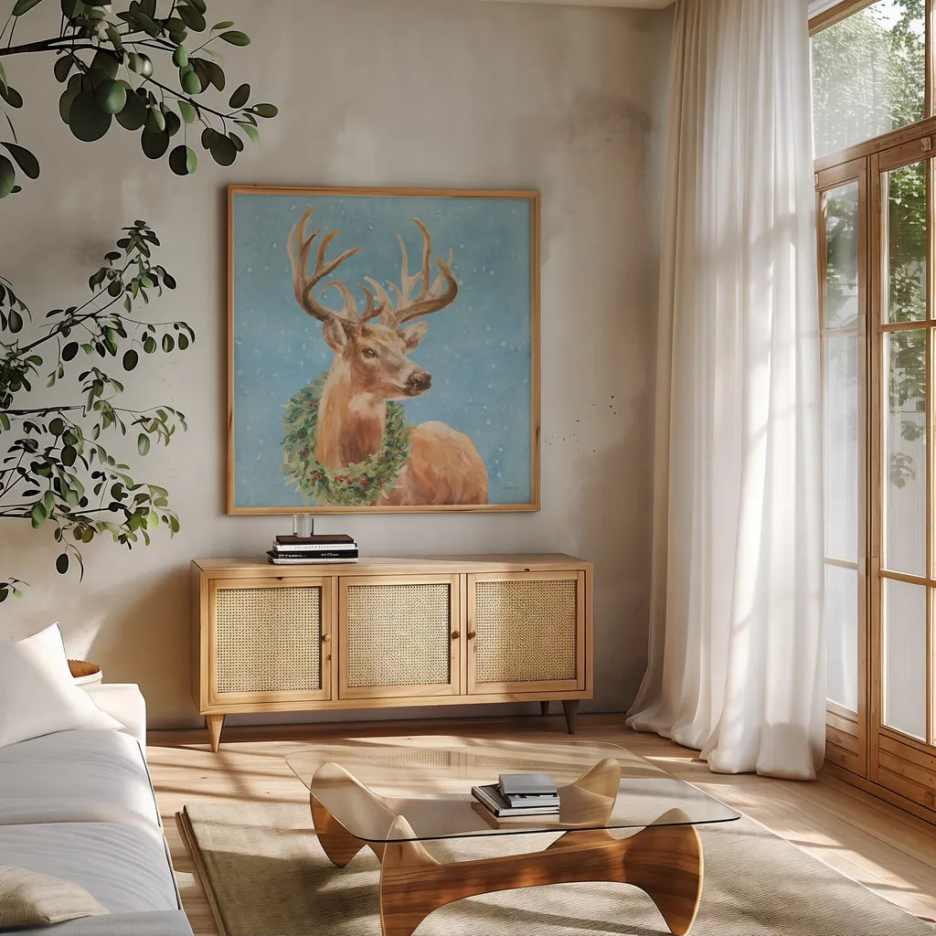 Woodland Holidays Stag Blue by Danhui Nai. Shown in a natural wood frame in a cozy modern living room. Available as an archival giclee rolled canvas, fine art paper, or poster print. SKU 58282a.