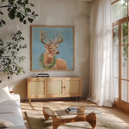 Woodland Holidays Stag Blue by Danhui Nai. Shown in a natural wood frame in a cozy modern living room. Available as an archival giclee rolled canvas, fine art paper, or poster print. SKU 58282a.