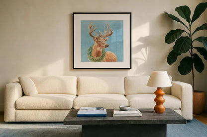Woodland Holidays Stag Blue by Danhui Nai. Displayed in a glass frame with matte in a clean modern living room. Available as an archival giclee rolled canvas, fine art paper, or poster print. SKU 58282a.