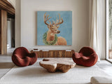 Woodland Holidays Stag Blue by Danhui Nai. Shown as extra-large giant wall art in a modern living room. Available as an archival giclee rolled canvas, fine art paper, or poster print. SKU 58282a.