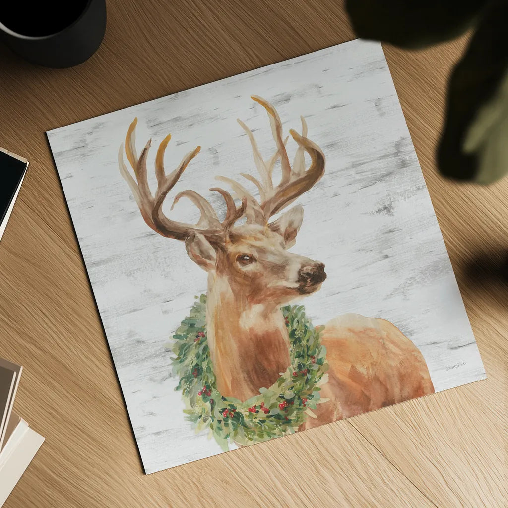 Woodland Holidays Stag Gray by Danhui Nai. Shown as a detailed flat fine art print, highlighting archival giclee quality. Available as an archival giclee rolled canvas, fine art paper, or poster print. SKU 58283a.