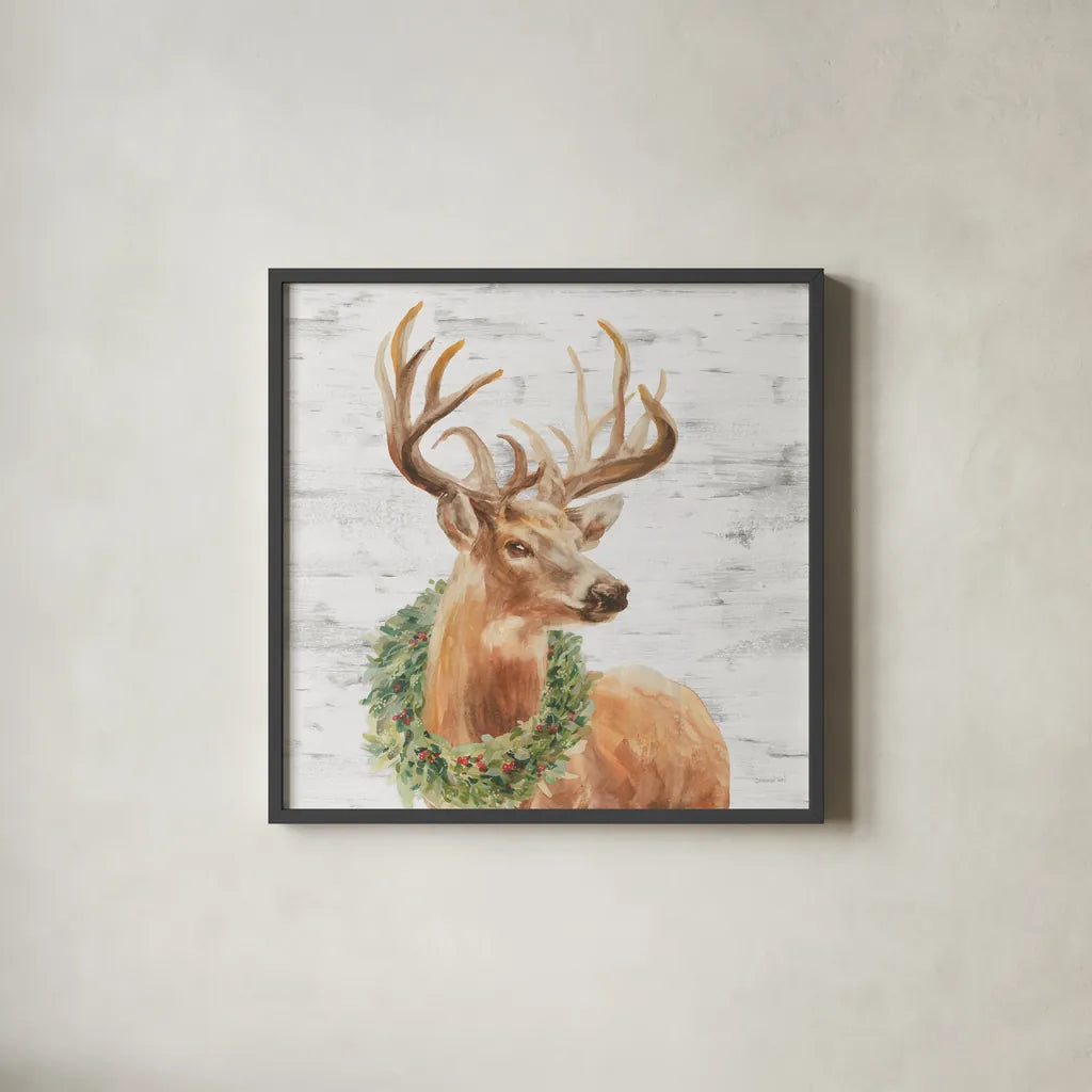 Woodland Holidays Stag Gray by Danhui Nai. Shown in a sleek black glass frame for a contemporary gallery look. Available as an archival giclee rolled canvas, fine art paper, or poster print. SKU 58283a.