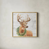 Woodland Holidays Stag Gray by Danhui Nai. Shown in a natural wood glass frame for a timeless modern aesthetic. Available as an archival giclee rolled canvas, fine art paper, or poster print. SKU 58283a.
