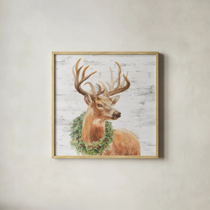 Woodland Holidays Stag Gray by Danhui Nai. Shown in a natural wood glass frame for a timeless modern aesthetic. Available as an archival giclee rolled canvas, fine art paper, or poster print. SKU 58283a.